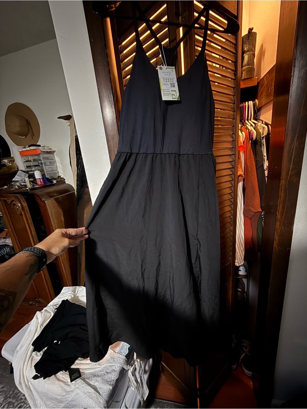 HALARA Black V-Neck Midi Dress with Spaghetti Straps
